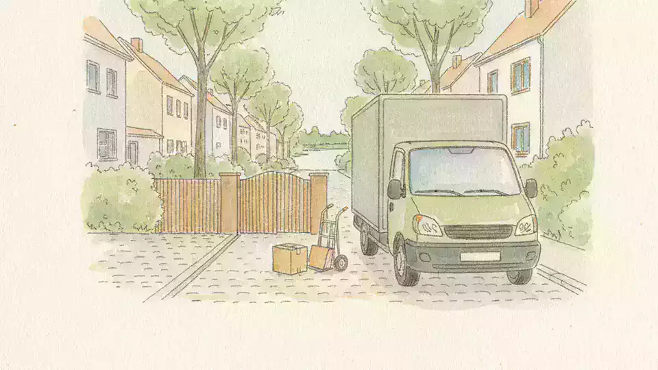 Umzugswagen in grüner Wohnstraße als Aquarell